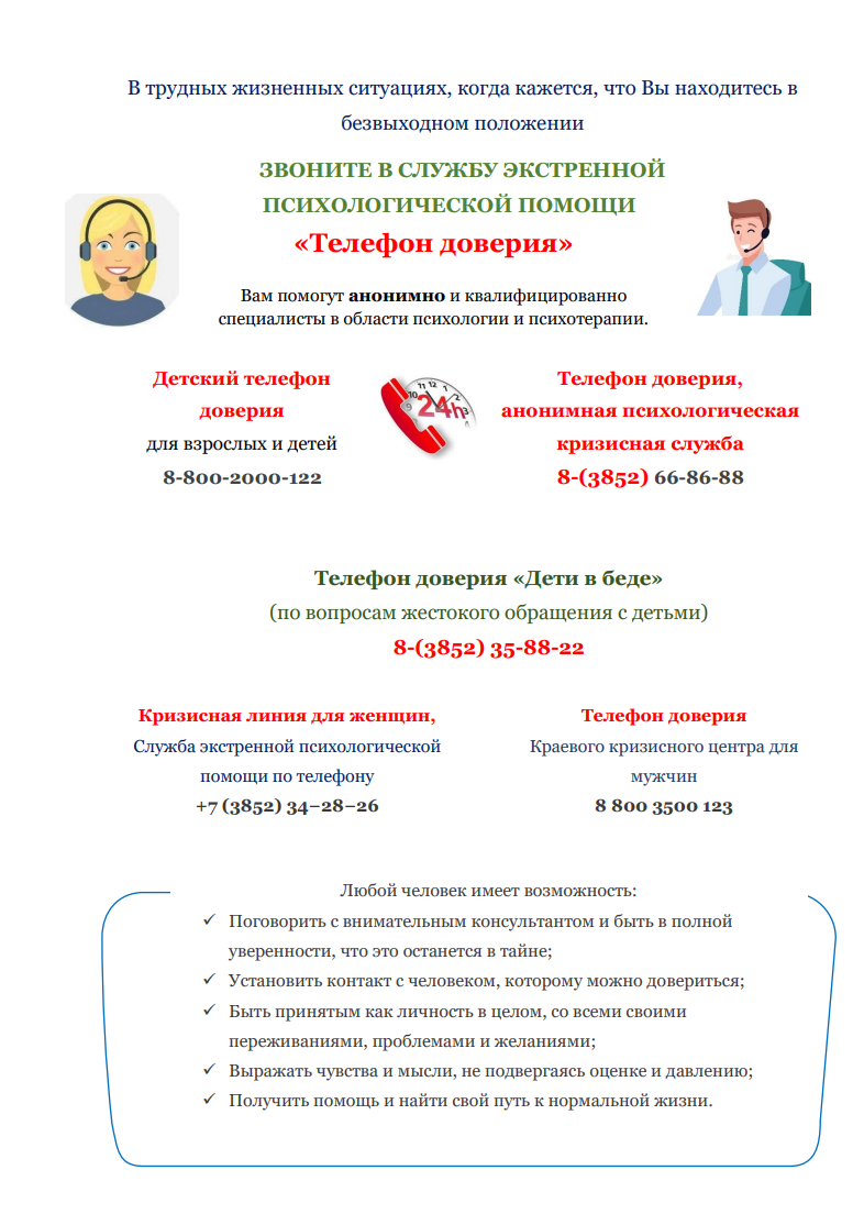 Контакты экстренной психологической помощи