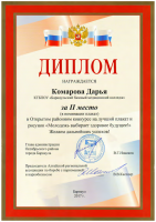 Диплом Комарова Дарья 2 место в номинации Плакат Молодежь выбирает здоровое будущее