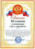 Диплом 3 степени в номинации Дуэт, ансамбль Полина Горбунова, Юлия Хлюпина