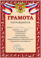 Грамота ББМК 2 место по мини-волейболу среди юношей